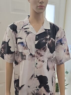 J.FERRAR MEN'S BLACK & WHITE SHORT SLEEVES SUMMER FRONT BUTTON SHIRT XL SLIM